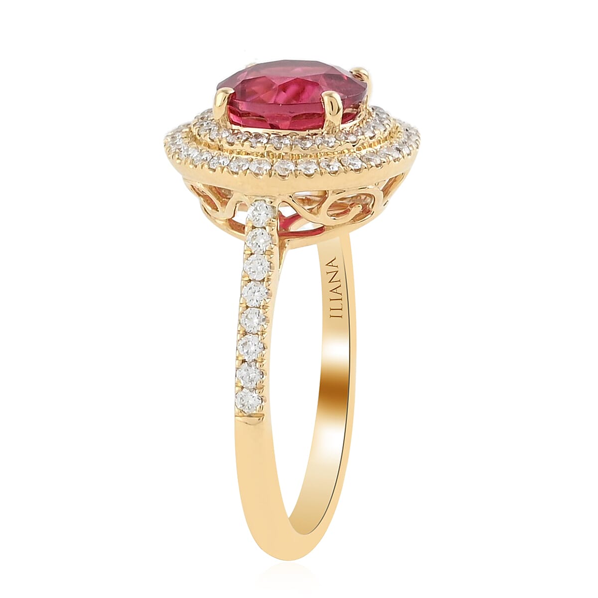 Iliana 18K Yellow Gold AAA Ouro Fino Rubellite and G-H SI Diamond Double Halo Ring (Size 7.0) 5.50 Grams 2.90 ctw image number 2