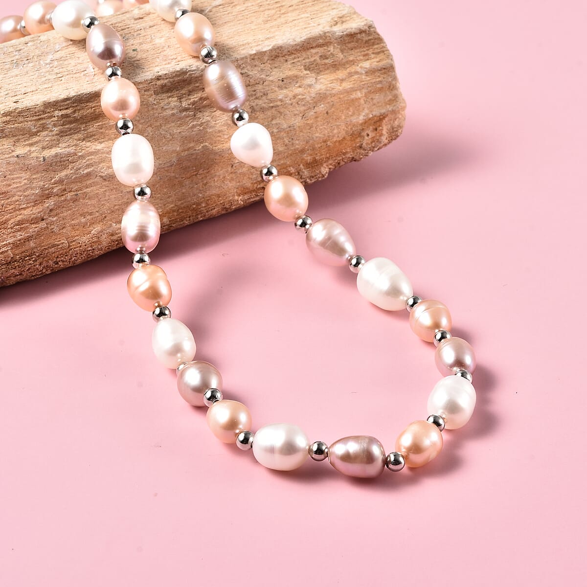 6-8mm Multi Color Rice Freshwater Cultured Pearl Necklace 18 Inches in Silvertone image number 1