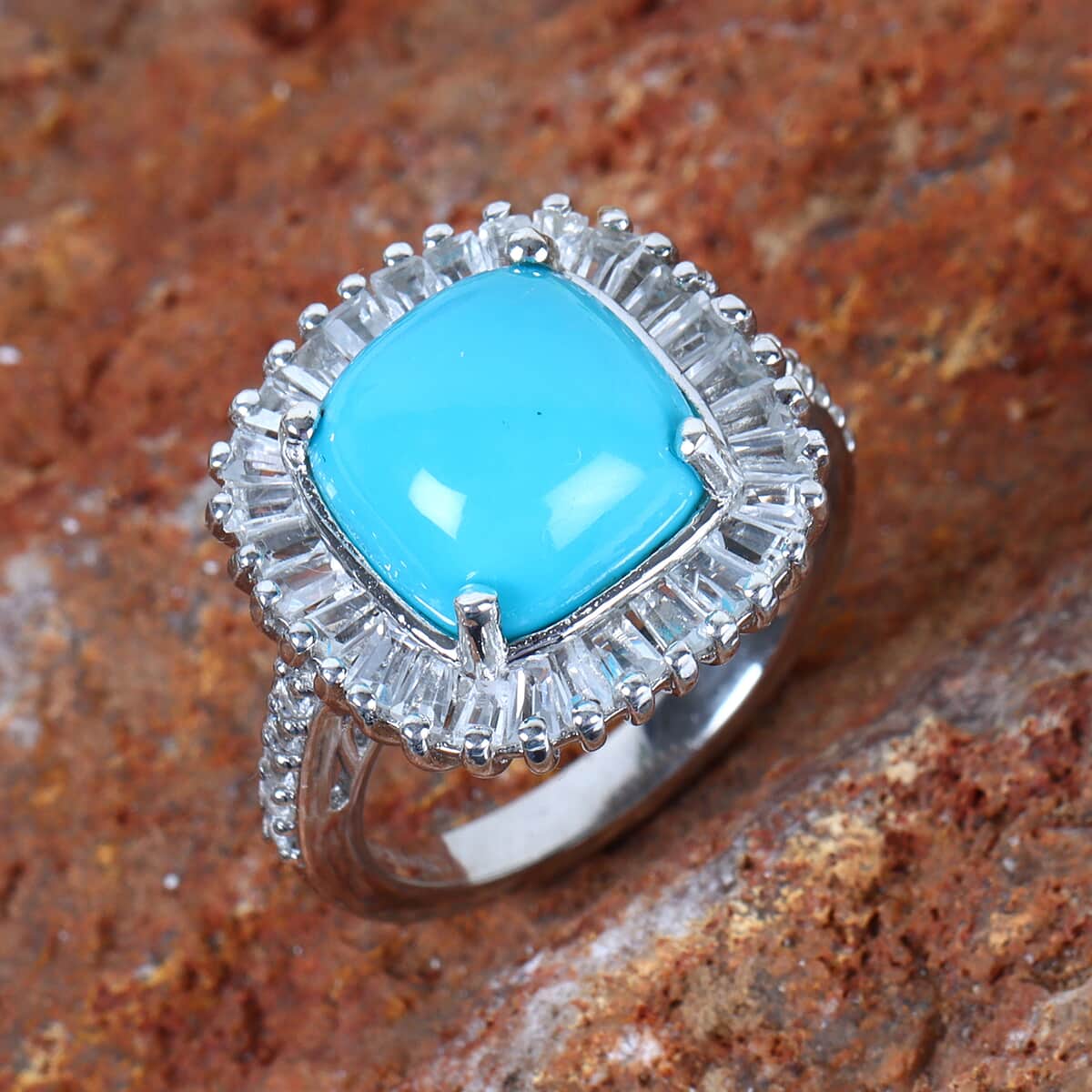 American Natural Sleeping Beauty Turquoise and White Topaz Ring in Platinum Over Sterling Silver (Size 5.0) 5.25 ctw image number 1