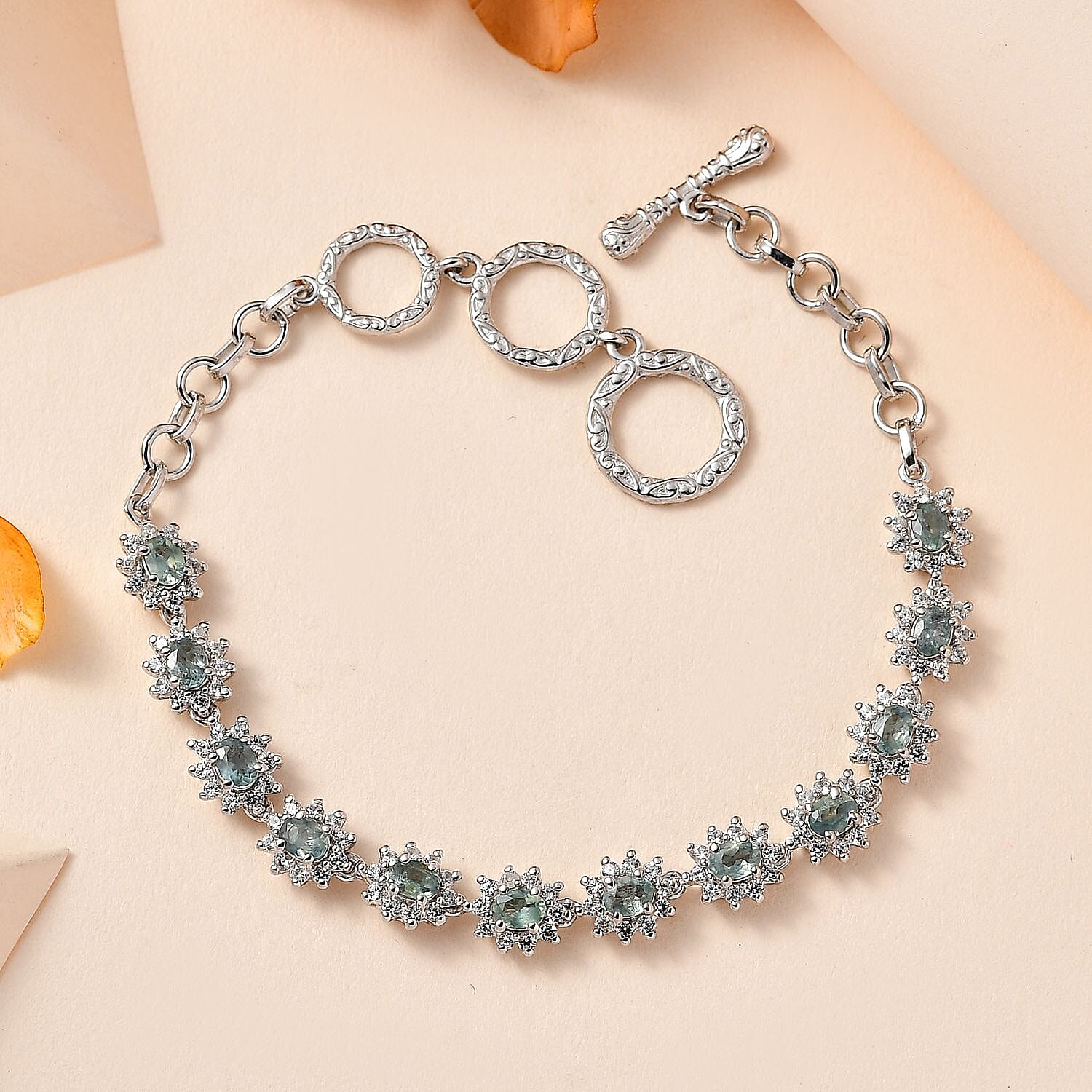 Narsipatnam Alexandrite and White Zircon Sunburst Toggle Clasp Bracelet in Platinum Over Sterling Silver (6.50 In) 4.35 ctw