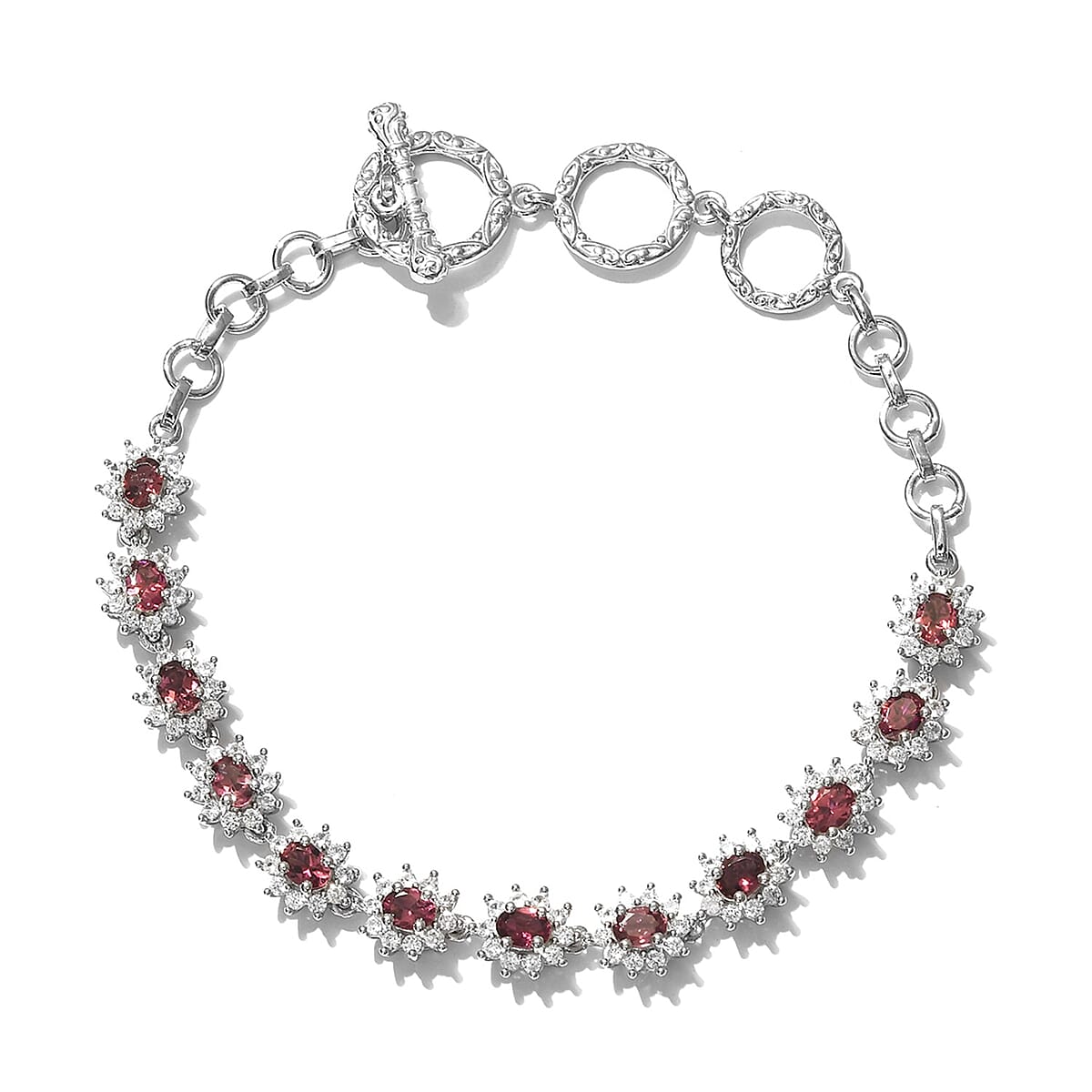 Premium Ouro Fino Rubellite and White Zircon Toggle Clasp Bracelet in Platinum Over Sterling Silver (6.50 In) 3.85 ctw image number 0