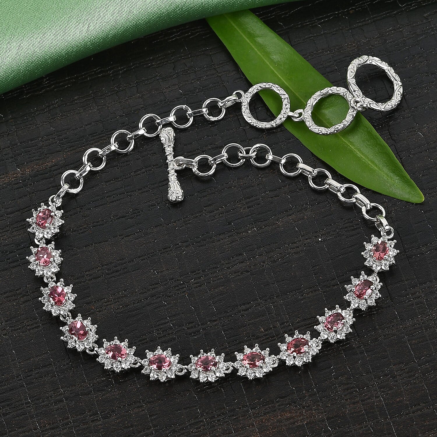 Premium Ouro Fino Rubellite and White Zircon Toggle Clasp Bracelet in Platinum Over Sterling Silver (6.50 In) 3.85 ctw