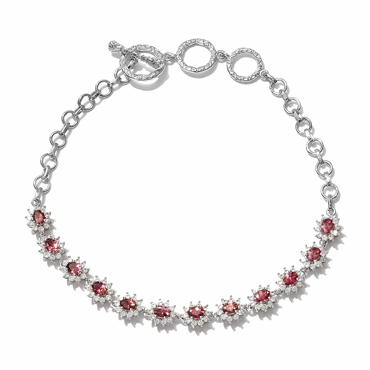Ouro Fino Rubellite and Zircon Toggle Clasp Bracelet in Platinum Over Sterling Silver (8.00 In) 9.45 Grams 4.10 ctw