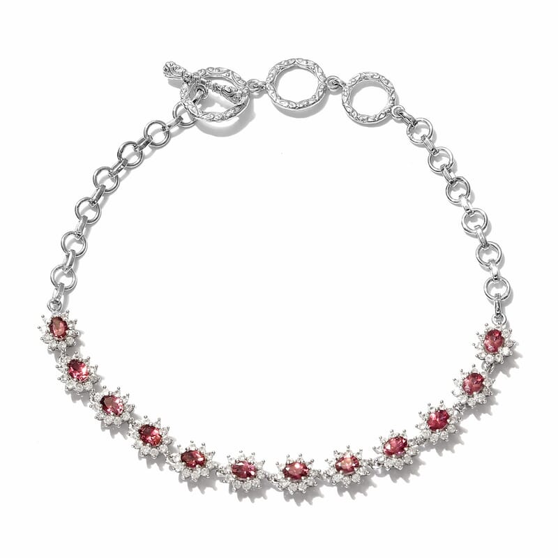 Ouro Fino Rubellite and Zircon Toggle Clasp Bracelet in Platinum Over Sterling Silver (8.00 In) 9.45 Grams 4.10 ctw