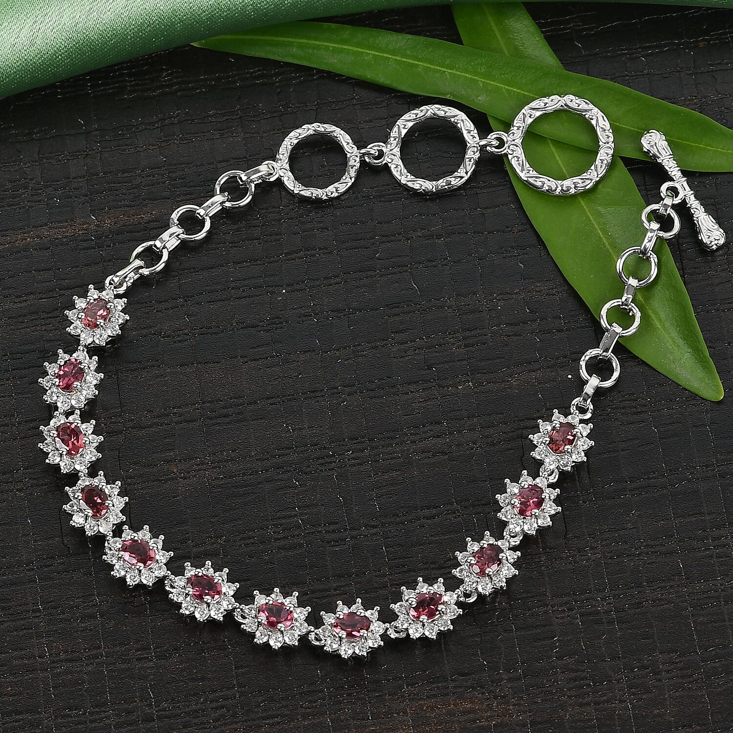 Ouro Fino Rubellite and Zircon Toggle Clasp Bracelet in Platinum Over Sterling Silver (8.00 In) 9.45 Grams 4.10 ctw