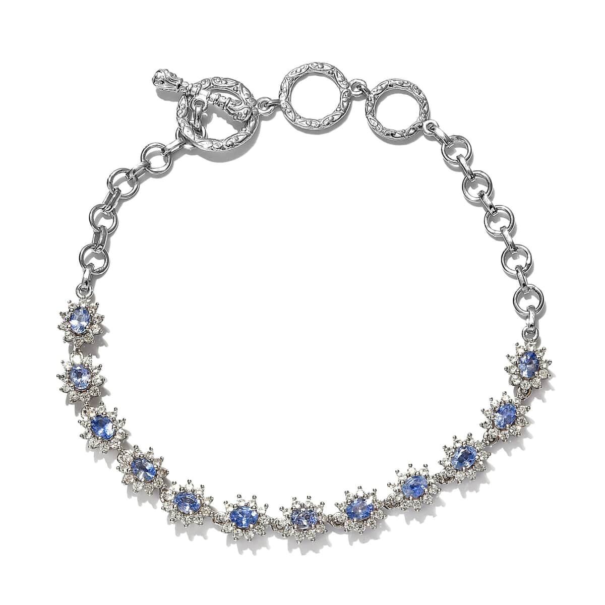 Ceylon Blue Sapphire and Zircon Toggle Clasp Bracelet in Platinum Over Sterling Silver (7.25 In) 9 Grams 4.80 ctw image number 0