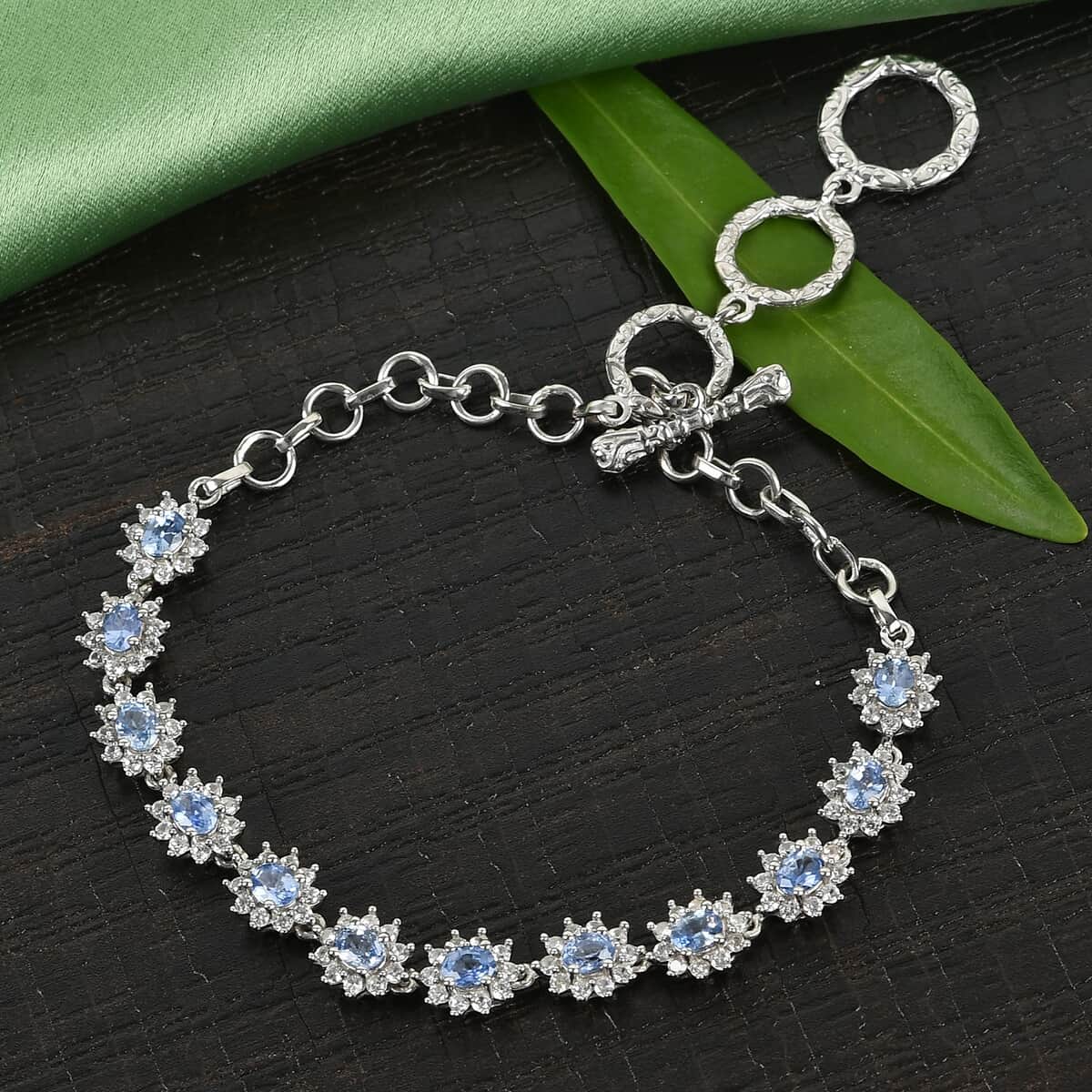 Ceylon Blue Sapphire and Zircon Toggle Clasp Bracelet in Platinum Over Sterling Silver (7.25 In) 9 Grams 4.80 ctw image number 1