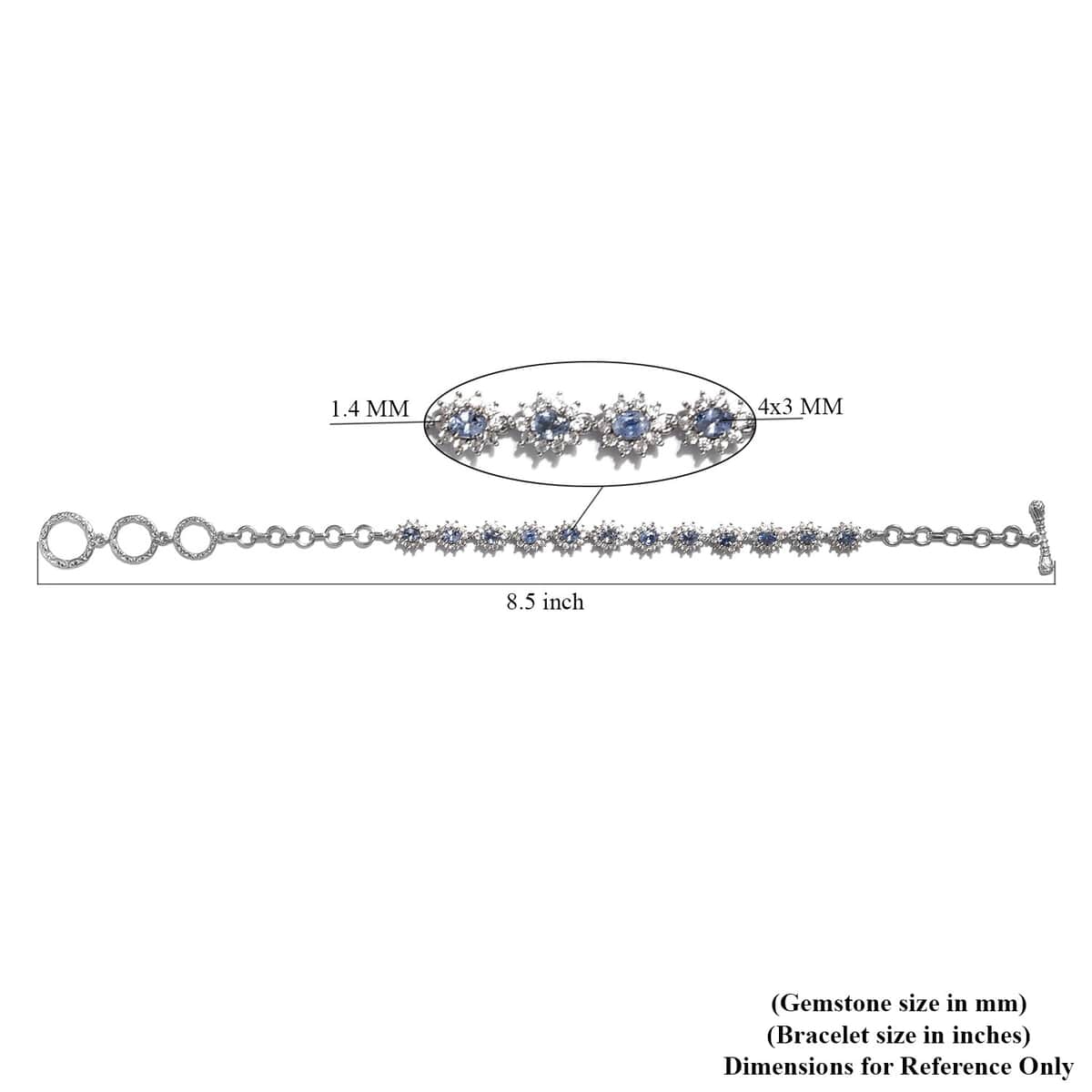 Ceylon Blue Sapphire and Zircon Toggle Clasp Bracelet in Platinum Over Sterling Silver (7.25 In) 9 Grams 4.80 ctw image number 4