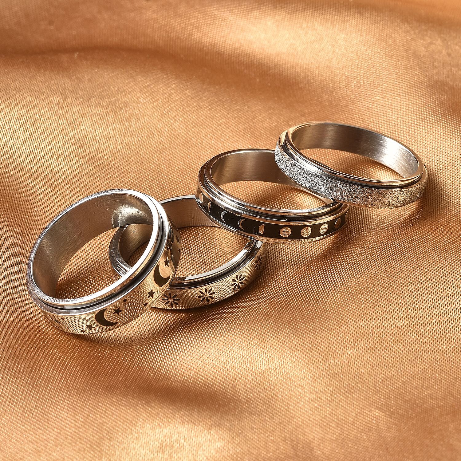 Set of 4 Stress Buster Spinner Ring in Stainless Steel (Size 9.0)