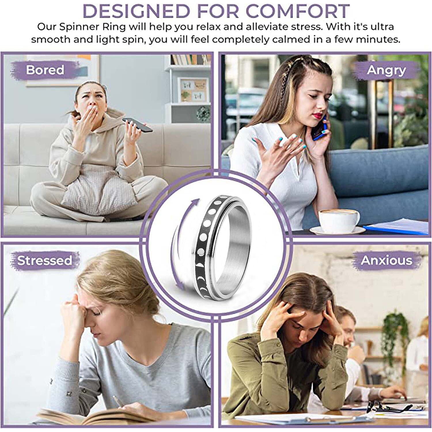 Set of 4 Stress Buster Spinner Ring in Stainless Steel (Size 9.0)
