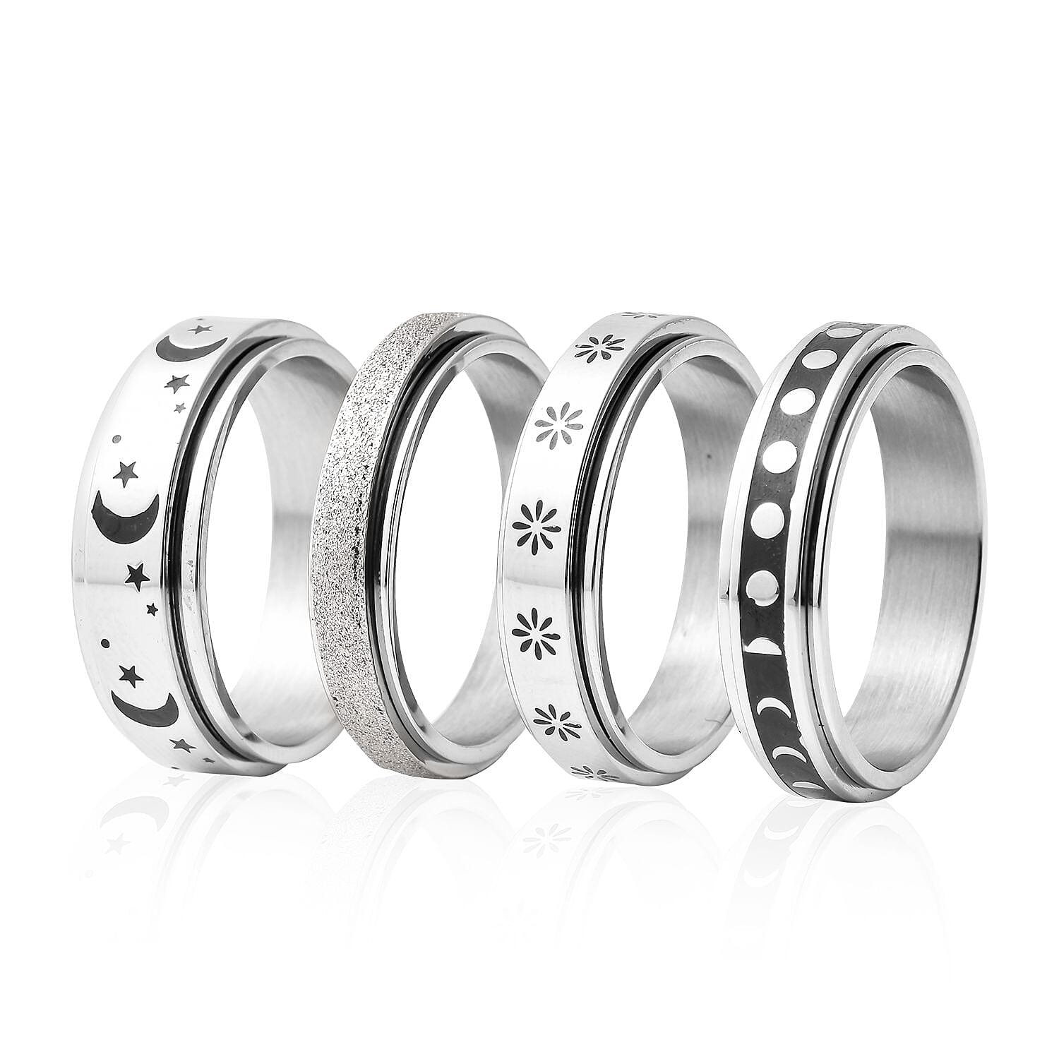 Set of 4 Stress Buster Spinner Ring in Stainless Steel (Size 9.0)