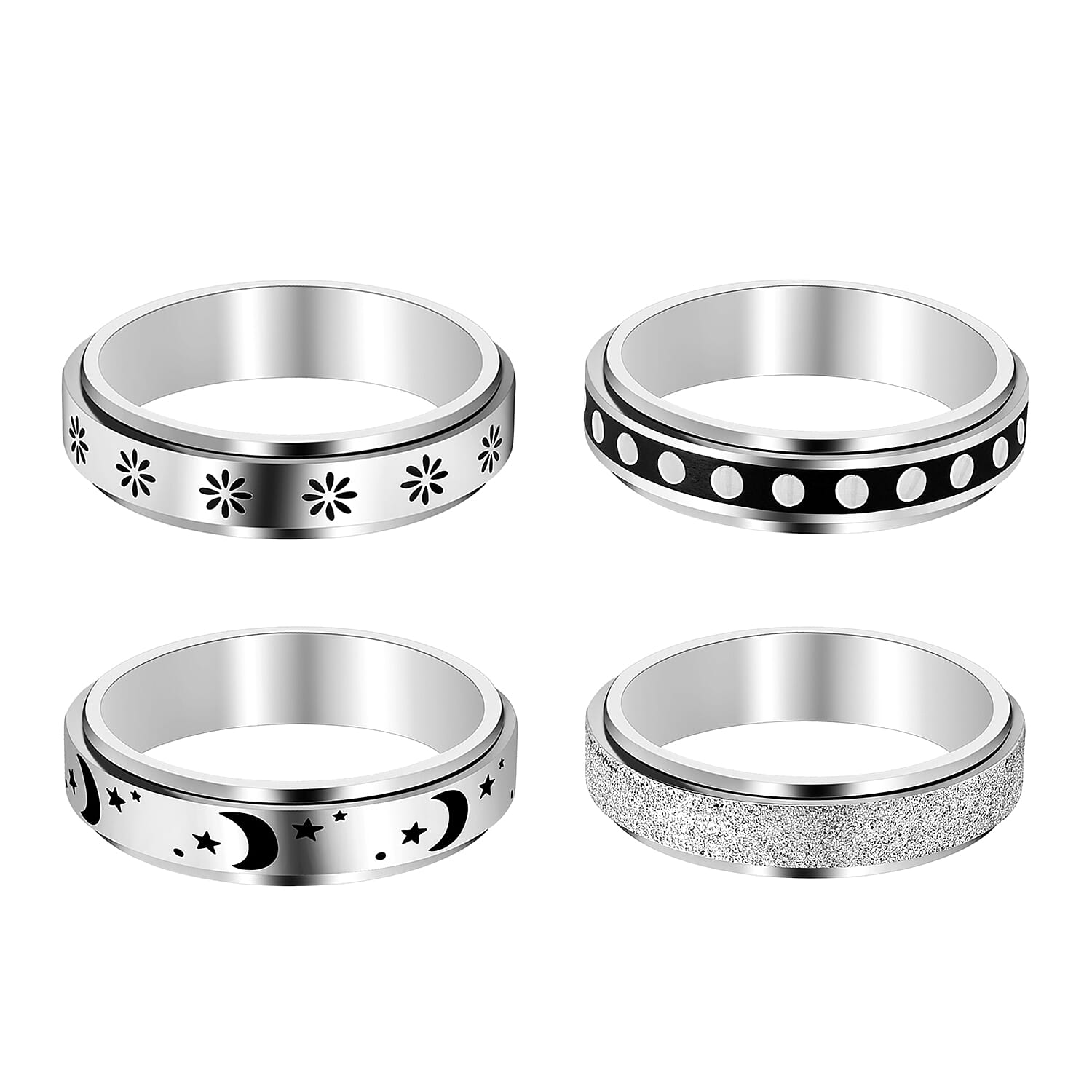Set of 4 Stress Buster Spinner Ring in Stainless Steel (Size 9.0)