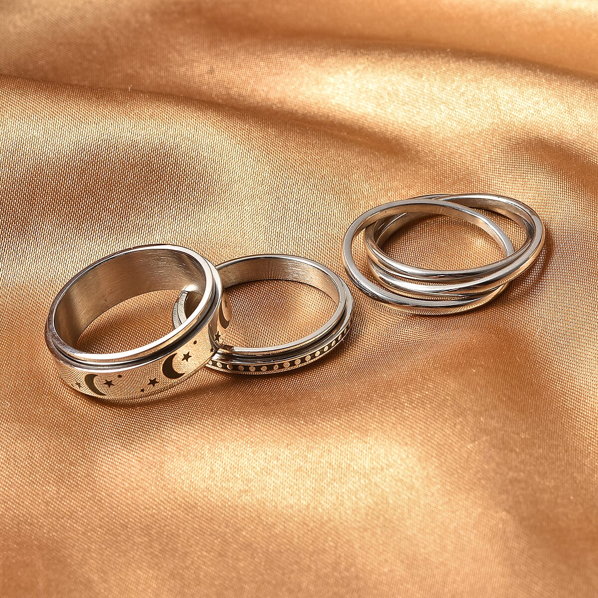 Set of 3 Stress Buster Spinner Ring in Stainless Steel (Size 12.0) image number 1