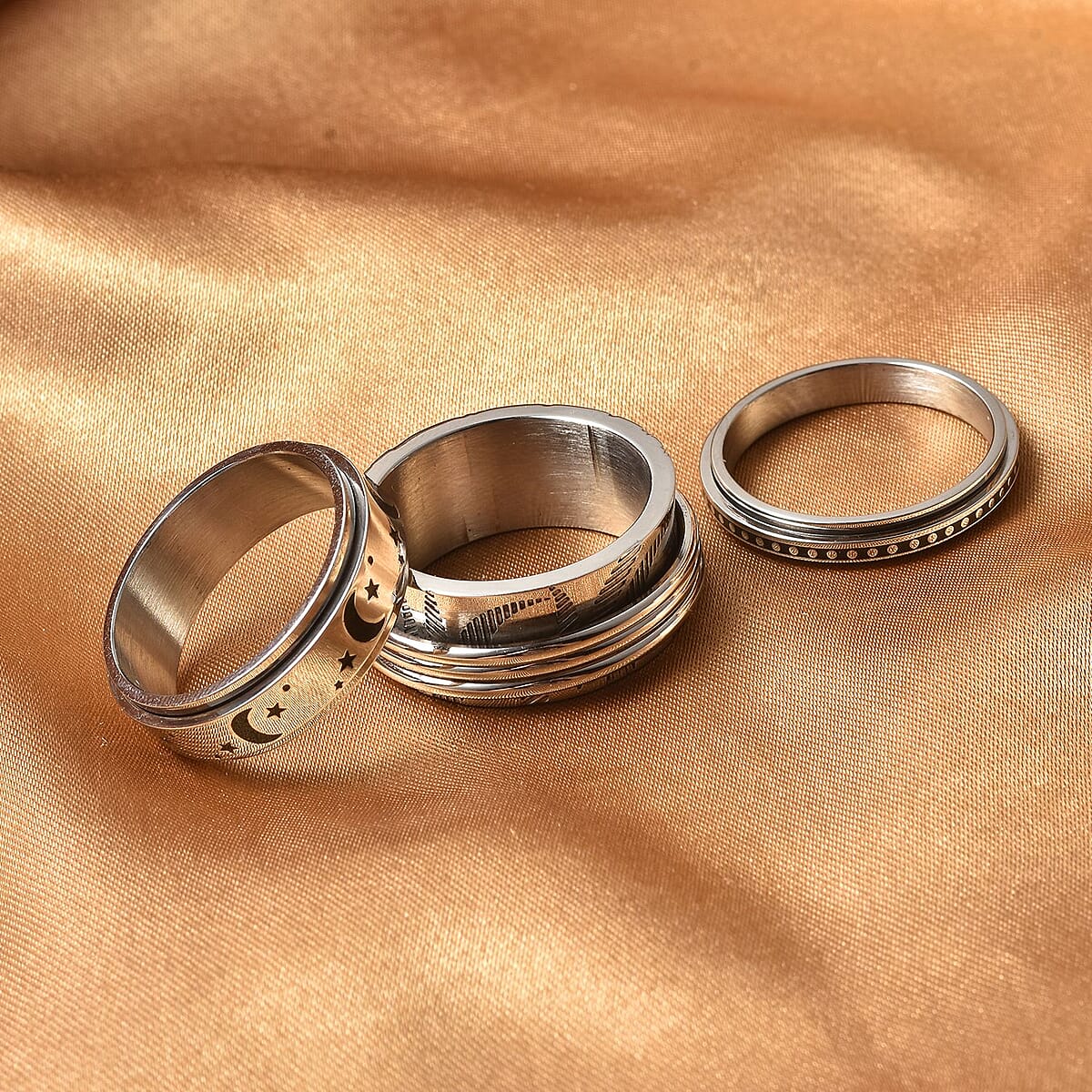 Set of 3 Stress Buster Spinner Ring in Stainless Steel (Size 13.0) image number 1