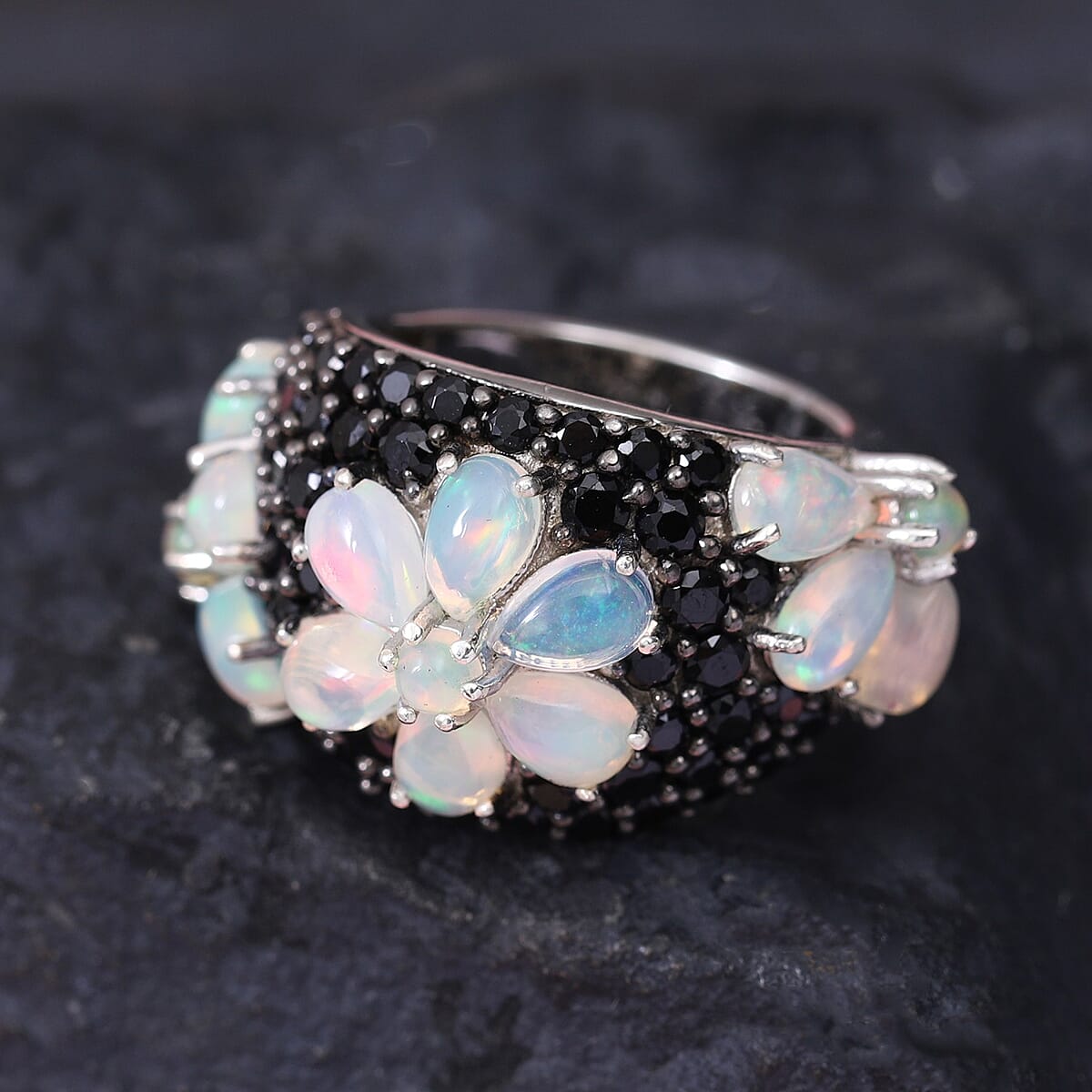 Ethiopian Welo Opal and Thai Black Spinel Flower Ring in Platinum Over Sterling Silver (Size 7.0) 8.70 Grams 6.75 ctw image number 1