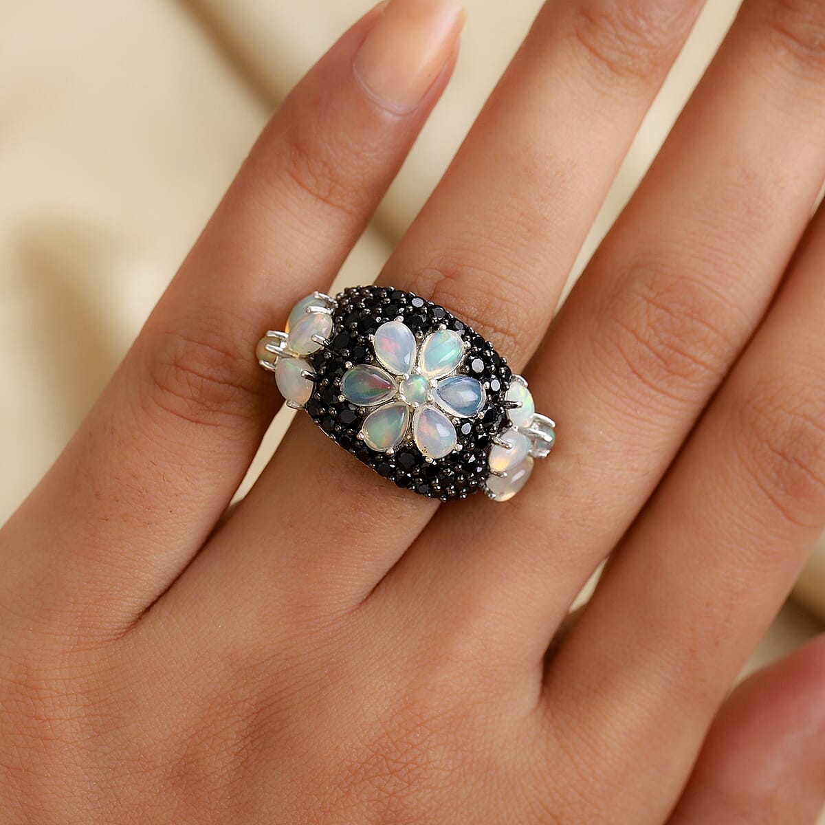 Ethiopian Welo Opal and Thai Black Spinel Flower Ring in Platinum Over Sterling Silver (Size 7.0) 8.70 Grams 6.75 ctw image number 2
