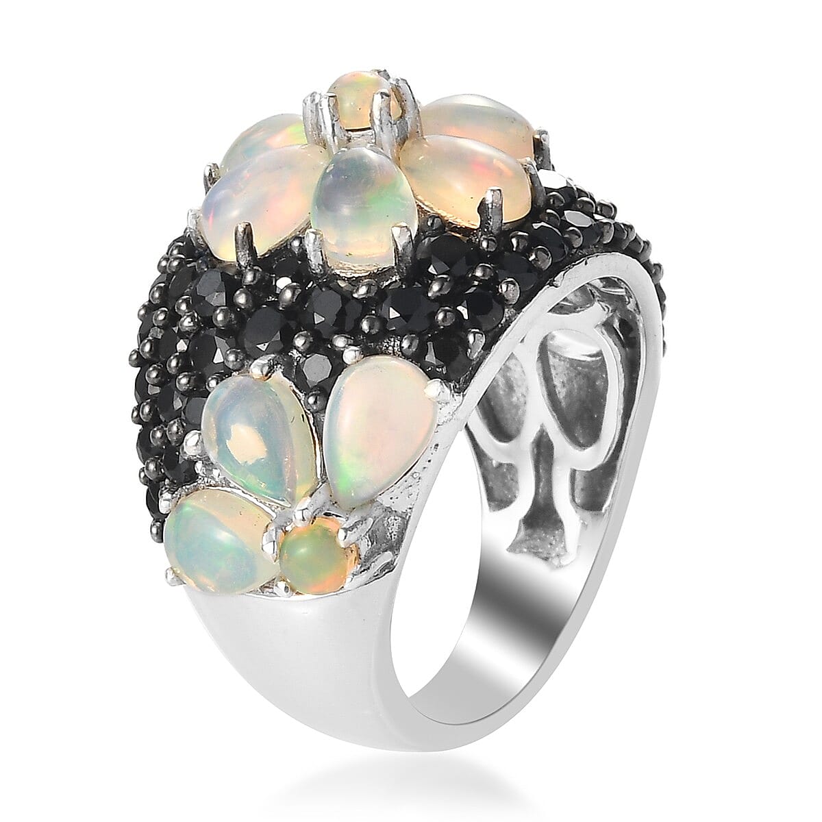 Ethiopian Welo Opal and Thai Black Spinel Flower Ring in Platinum Over Sterling Silver (Size 7.0) 8.70 Grams 6.75 ctw image number 3