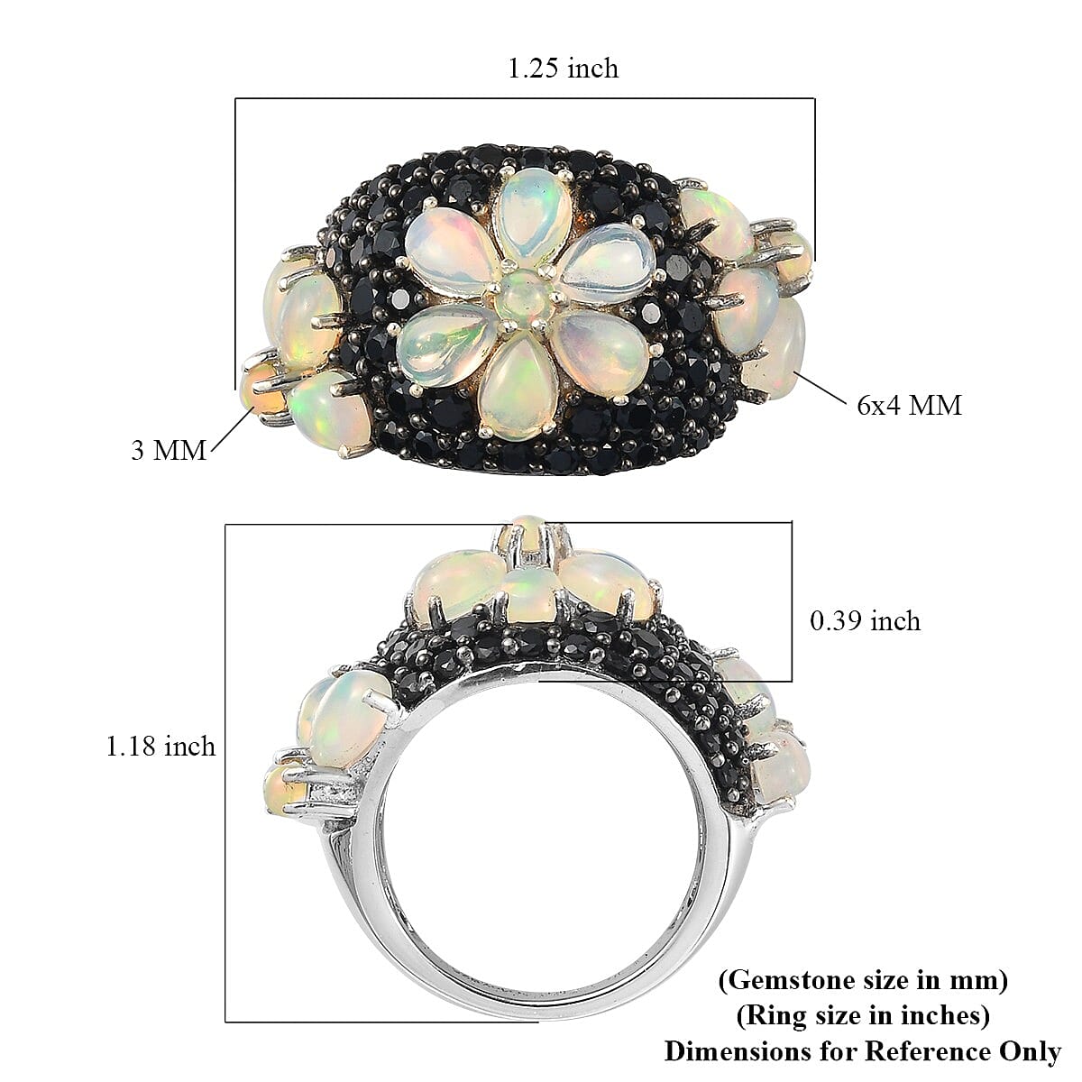 Ethiopian Welo Opal and Thai Black Spinel Flower Ring in Platinum Over Sterling Silver (Size 7.0) 8.70 Grams 6.75 ctw image number 5