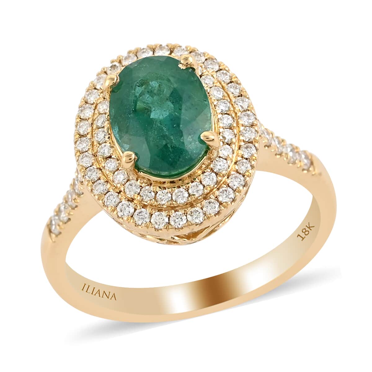 Iliana 18K Yellow Gold AAA Kagem Zambian Emerald and G-H SI Diamond Double Halo Ring (Size 6.0) 4.40 Grams 1.60 ctw image number 0