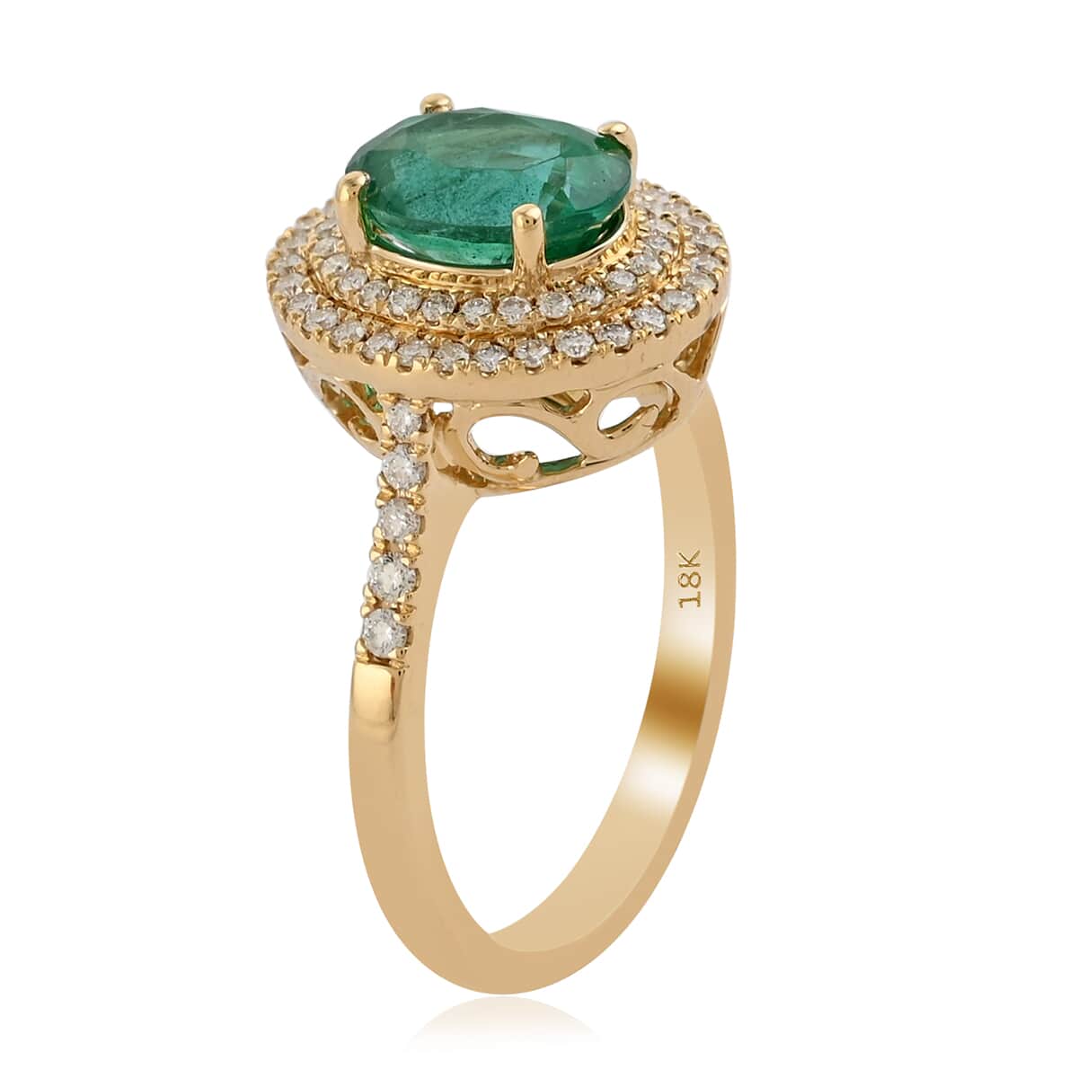 Iliana 18K Yellow Gold AAA Kagem Zambian Emerald and G-H SI Diamond Double Halo Ring (Size 6.0) 4.40 Grams 1.60 ctw image number 2