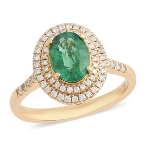 Iliana 18K Yellow Gold AAA Kagem Zambian Emerald and G-H SI Diamond Double Halo Ring (Size 7.0) 4.40 Grams 1.60 ctw