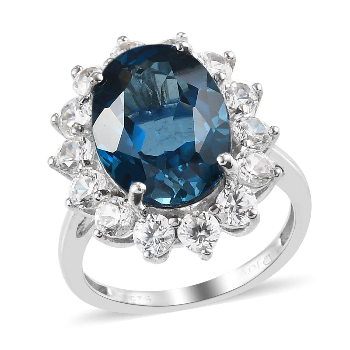 London Blue Topaz and Zircon Sunburst Ring in Platinum Over Sterling Silver (Size 10.0) 9.70 ctw image number 0