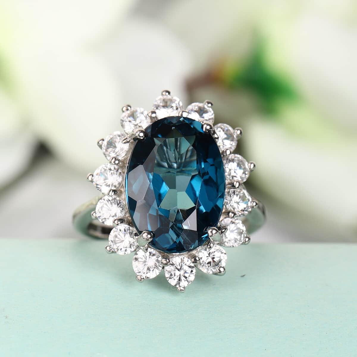 London Blue Topaz and Zircon Sunburst Ring in Platinum Over Sterling Silver (Size 10.0) 9.70 ctw image number 1