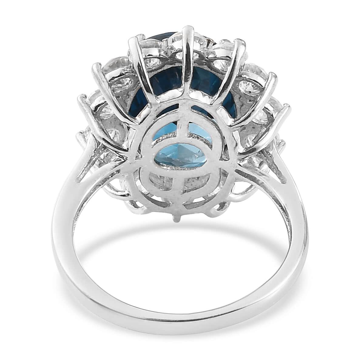 London Blue Topaz and Zircon Sunburst Ring in Platinum Over Sterling Silver (Size 10.0) 9.70 ctw image number 4