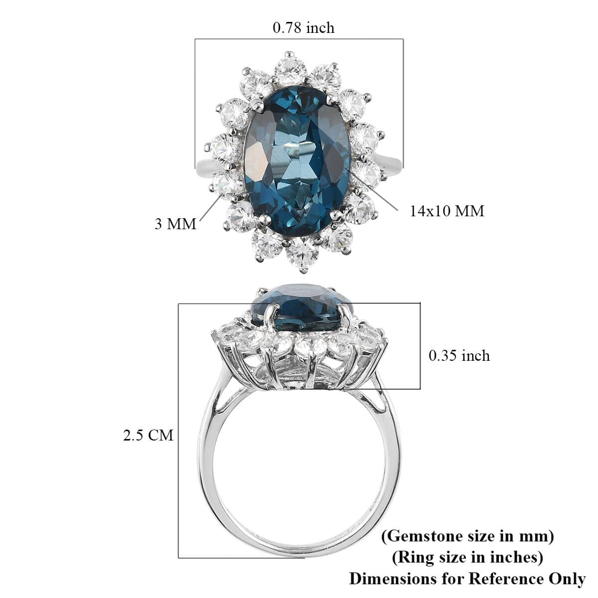 London Blue Topaz and Zircon Sunburst Ring in Platinum Over Sterling Silver (Size 10.0) 9.70 ctw image number 5