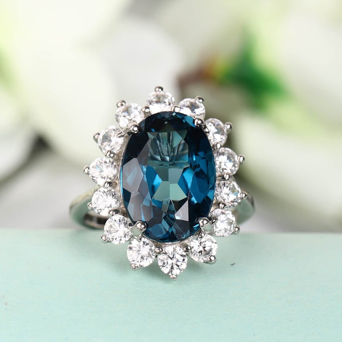 London Blue Topaz and Zircon Sunburst Ring in Platinum Over Sterling Silver (Size 6.0) 9.70 ctw image number 1
