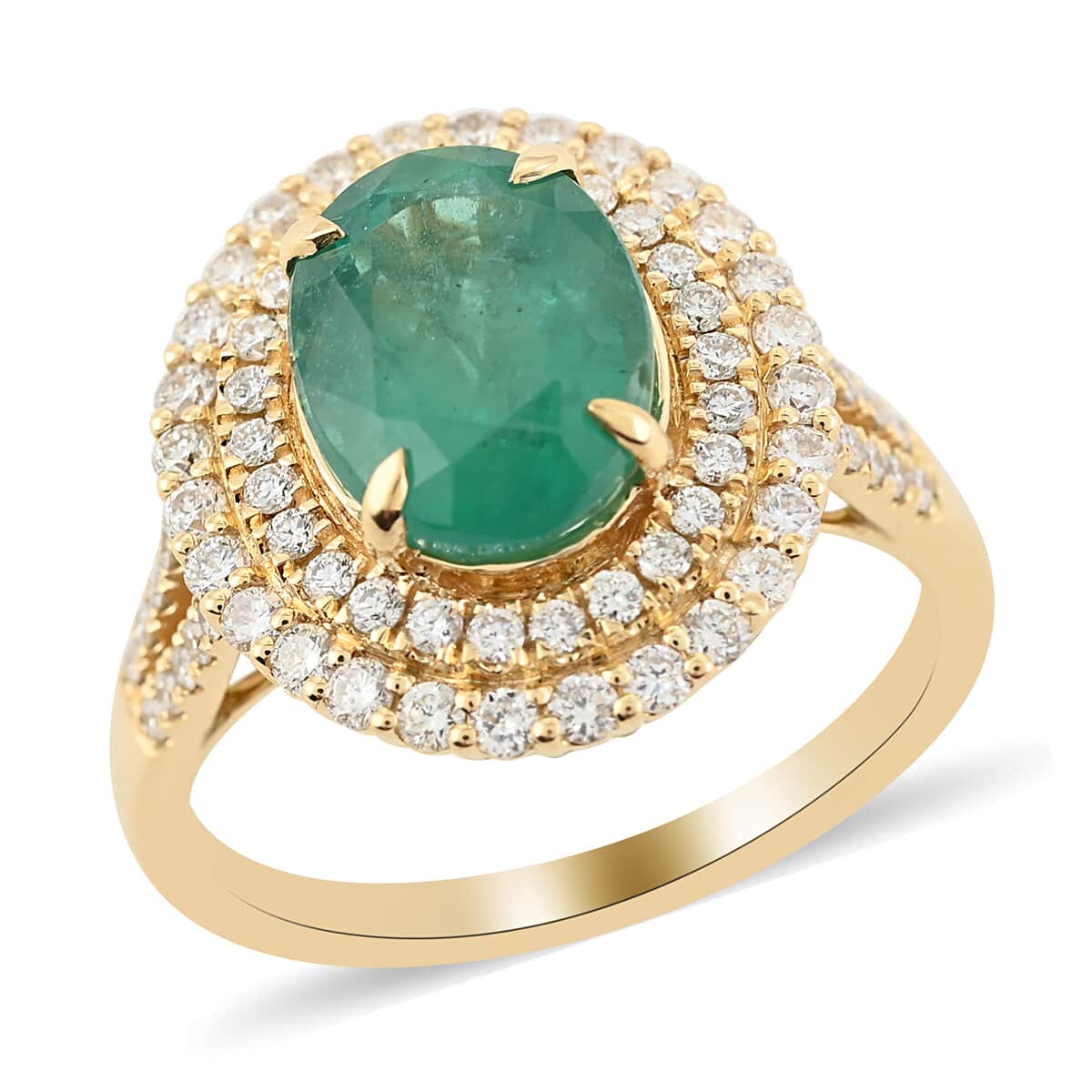 Iliana 18K Yellow Gold AAA Kagem Zambian Emerald and G-H SI Diamond Double Halo Ring (Size 6.0) 5.90 Grams 3.20 ctw image number 0