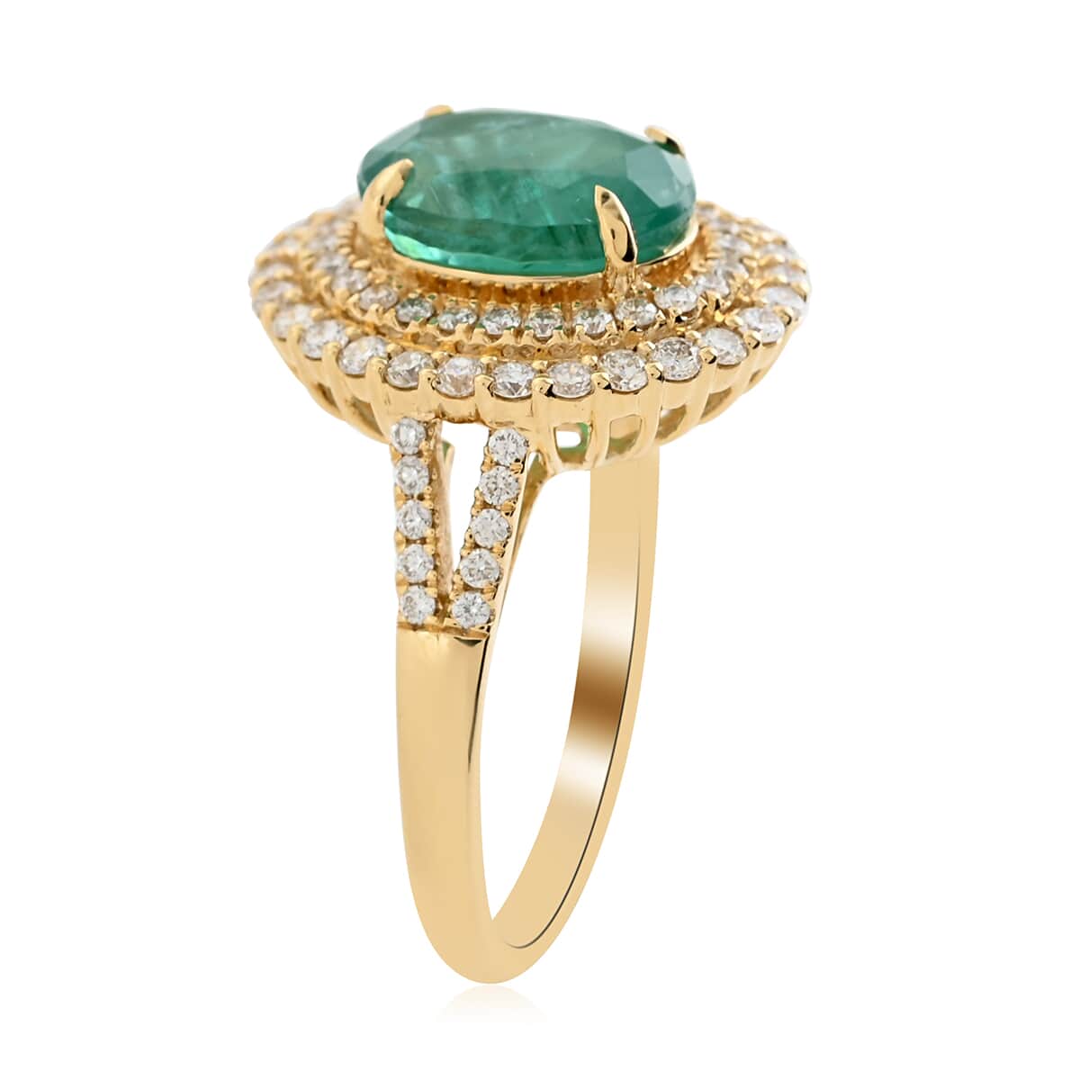 Iliana 18K Yellow Gold AAA Kagem Zambian Emerald and G-H SI Diamond Double Halo Ring (Size 6.0) 5.90 Grams 3.20 ctw image number 2