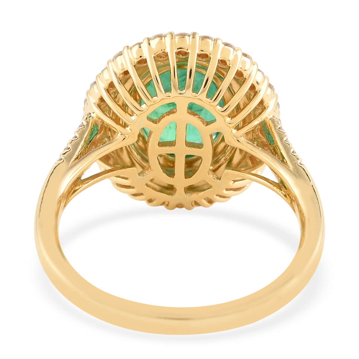 Iliana 18K Yellow Gold AAA Kagem Zambian Emerald and G-H SI Diamond Double Halo Ring (Size 6.0) 5.90 Grams 3.20 ctw image number 4