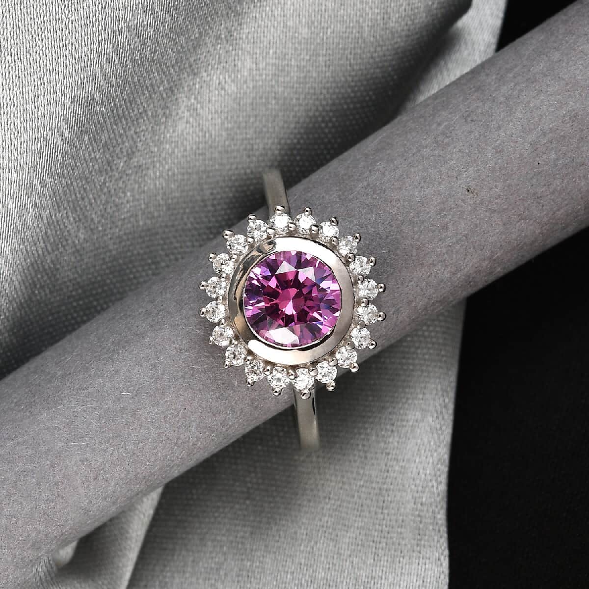 LUSTRO STELLA Made with Finest Fancy Purple & White CZ Halo Ring in Platinum Over Sterling Silver (Size 8.0) 2.75 ctw image number 1