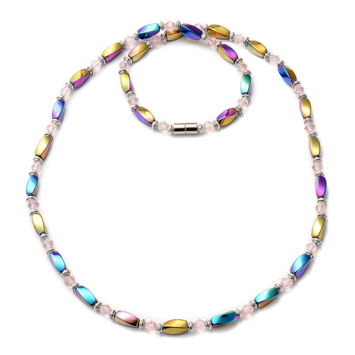 Magic Color Rainbow Hematite Beaded Necklace With Pink Glass in Silvertone, Bead Necklace For Women (28 Inches) 250.00 ctw image number 0