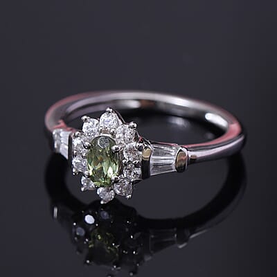 Ambanja Demantoid Garnet and Zircon Floral Ring in Platinum Over Sterling Silver (Size 8.0) 0.80 ctw