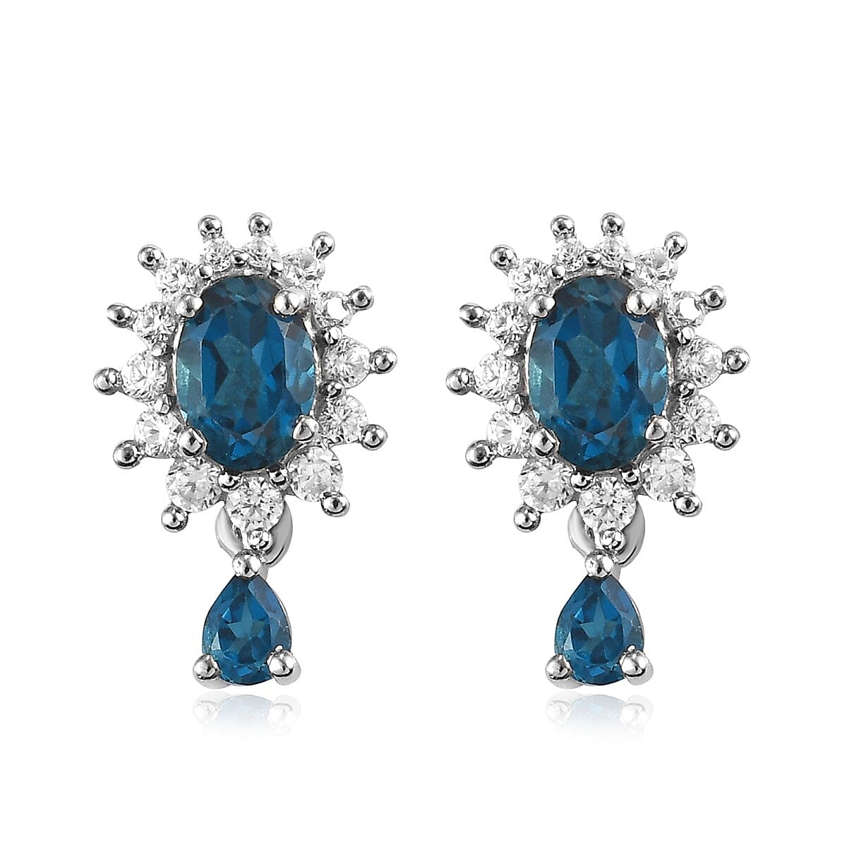 London Blue Topaz and Zircon Sunburst Drop Earrings in Platinum Over Sterling Silver 3.25 ctw