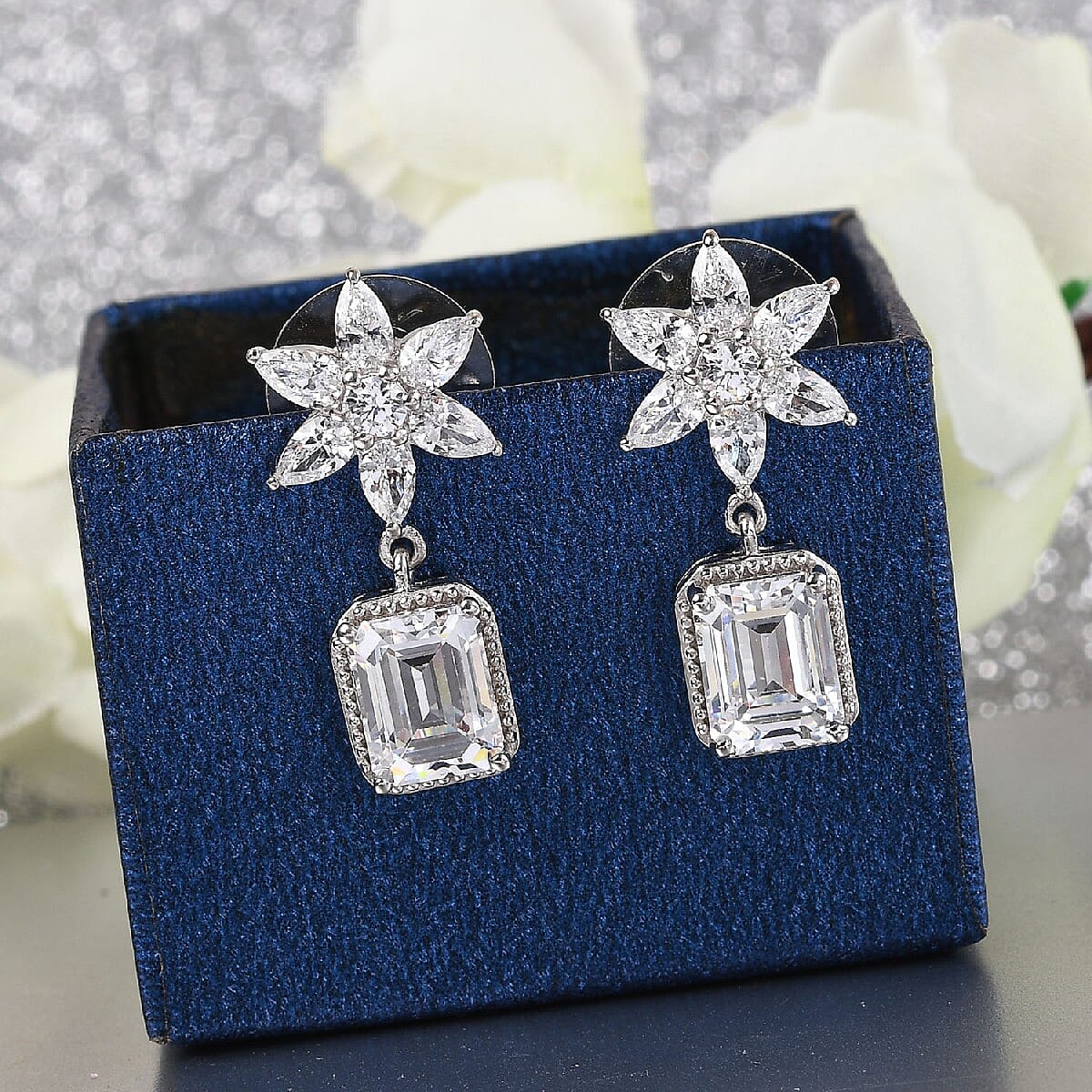 Lustro Stella Made with Finest CZ Dangle Earrings in Platinum Over Sterling Silver 12.90 ctw