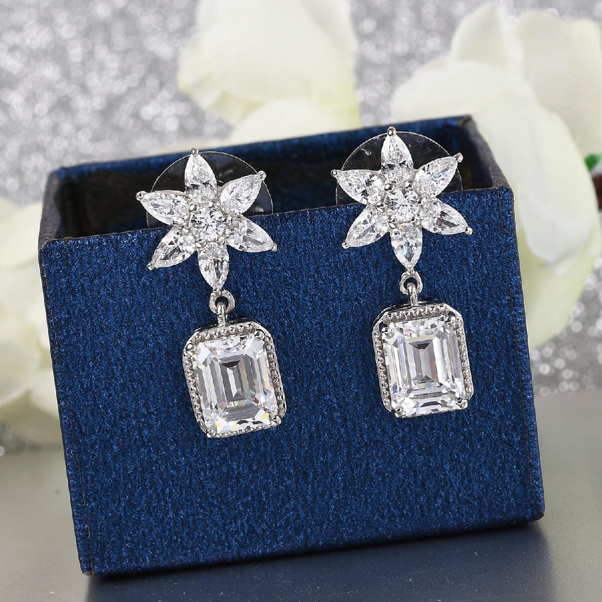 Lustro Stella Made with Finest CZ Dangle Earrings in Platinum Over Sterling Silver 12.90 ctw image number 1