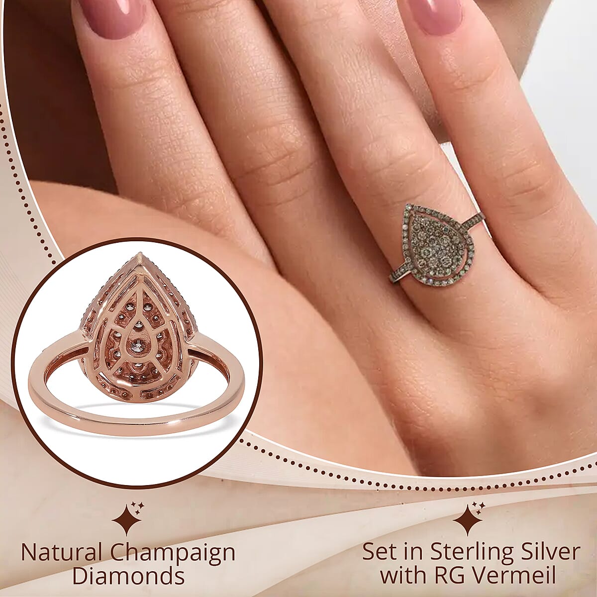 Natural Champagne Diamond 1.00 ctw Ring in Rhodium and Vermeil RG Over Sterling Silver,Cocktail Cluster Rings For Women (Size 7.0) image number 2