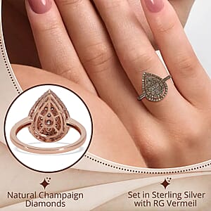 Natural Champagne Diamond 1.00 ctw Ring in Rhodium and Vermeil RG Over Sterling Silver,Cocktail Cluster Rings For Women (Size 7.0)
