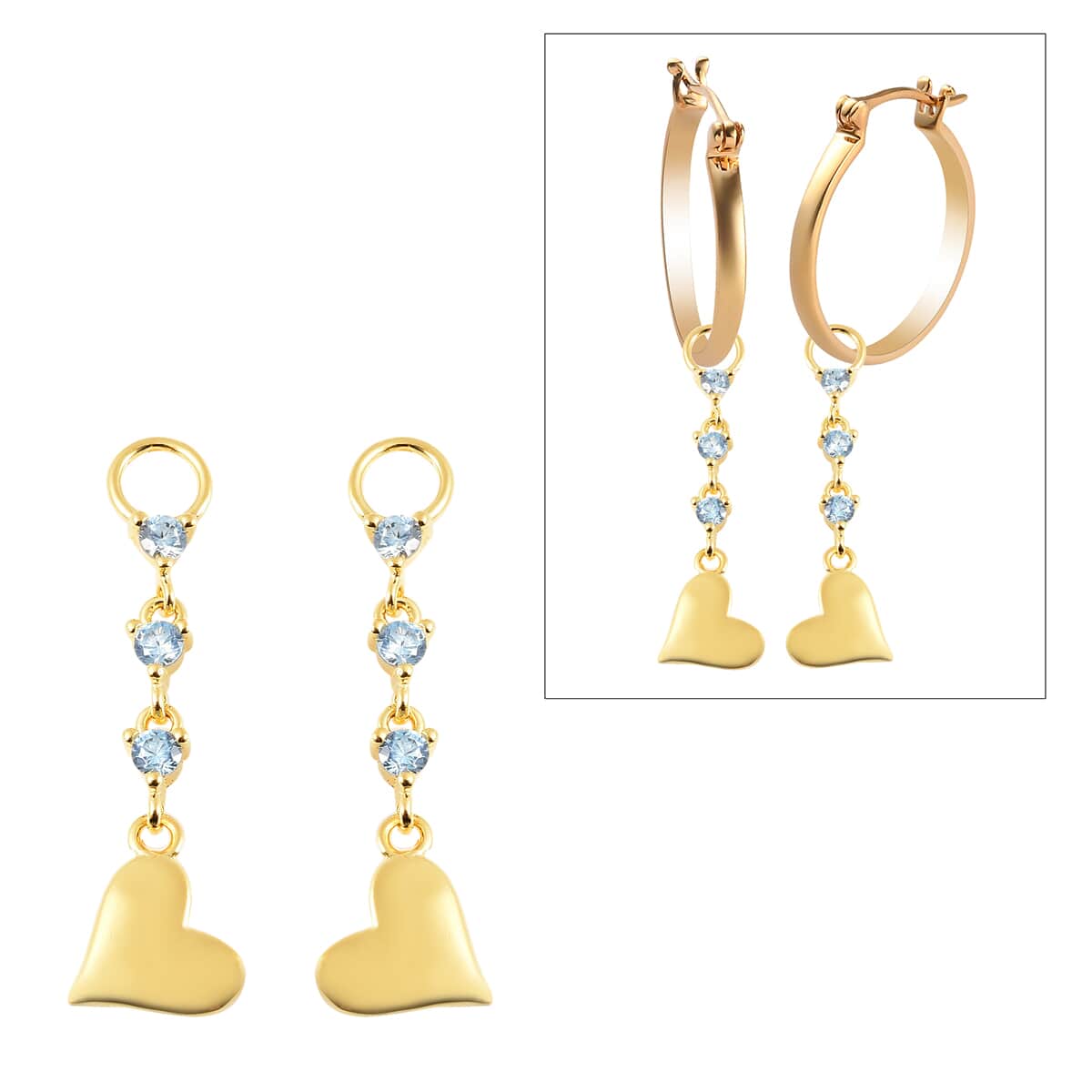 Simulated Aqua Color Diamond Interchangeable Earring Heart Charms in 14K Yellow Gold Over Sterling Silver 0.25 ctw image number 0