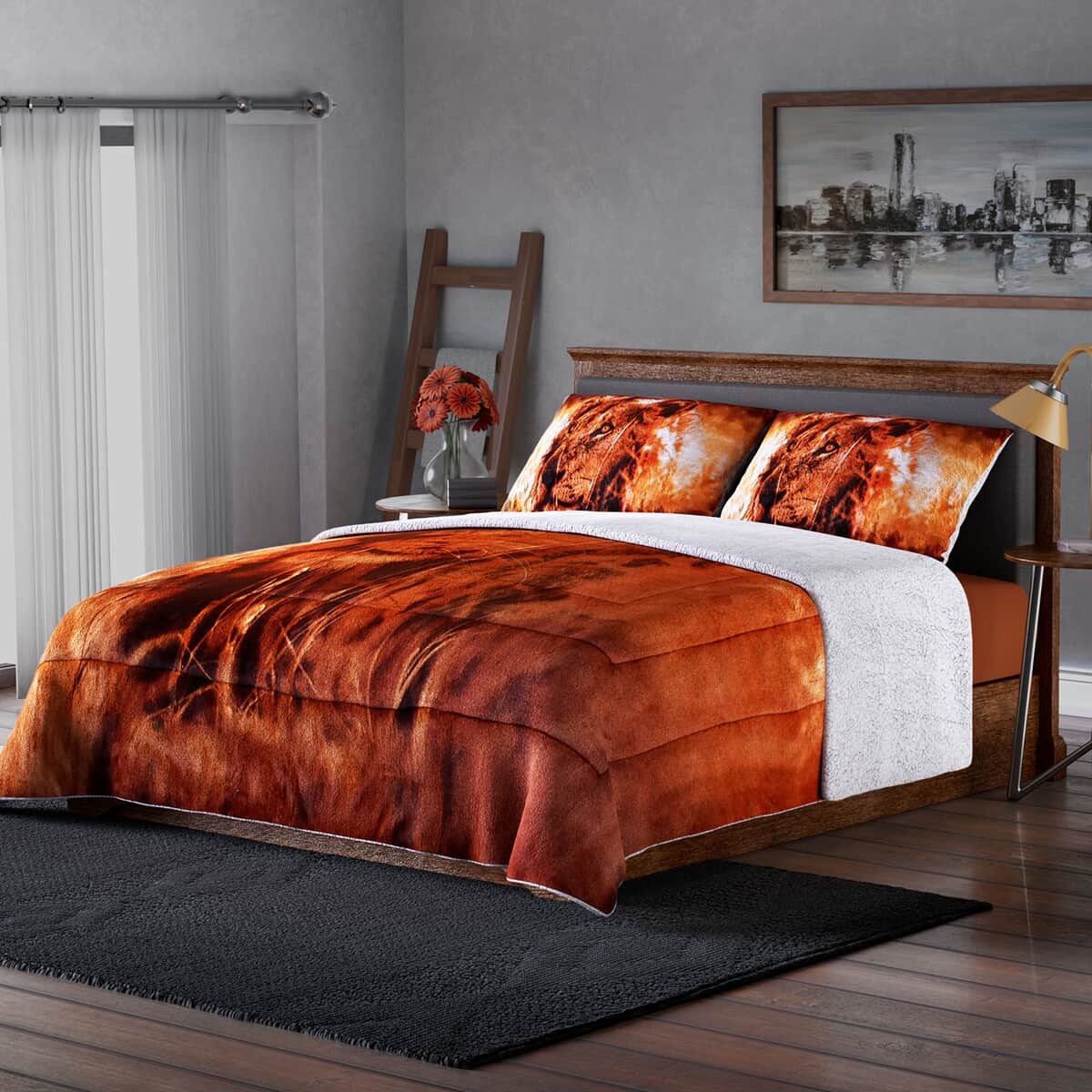 Homesmart Brown Lion Print Pattern Flannel and Sherpa Comforter and Pillow Cover image number 0