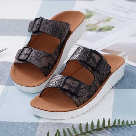 JOVIE Grey and Taupe Snakeskin Faux Leather 2 Strap Slip-On Sandal - US Size 7-7.5 (Euro 38) image number 0