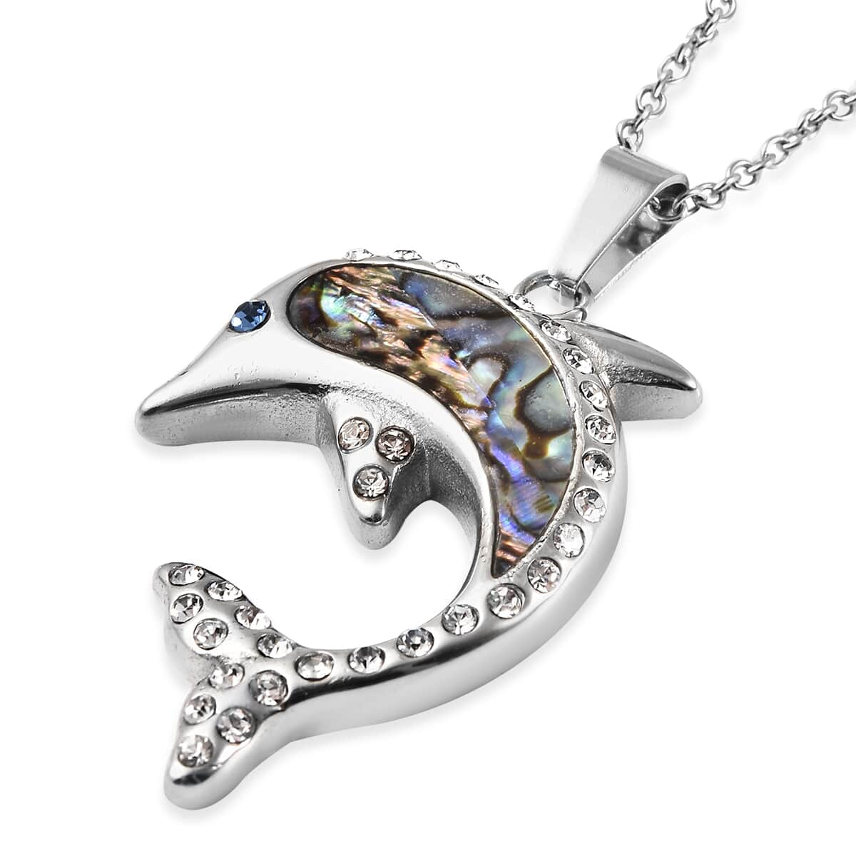 Abalone Shell, White & Blue Austrian Crystal Pendant Necklace 20 Inches in Stainless Steel image number 3
