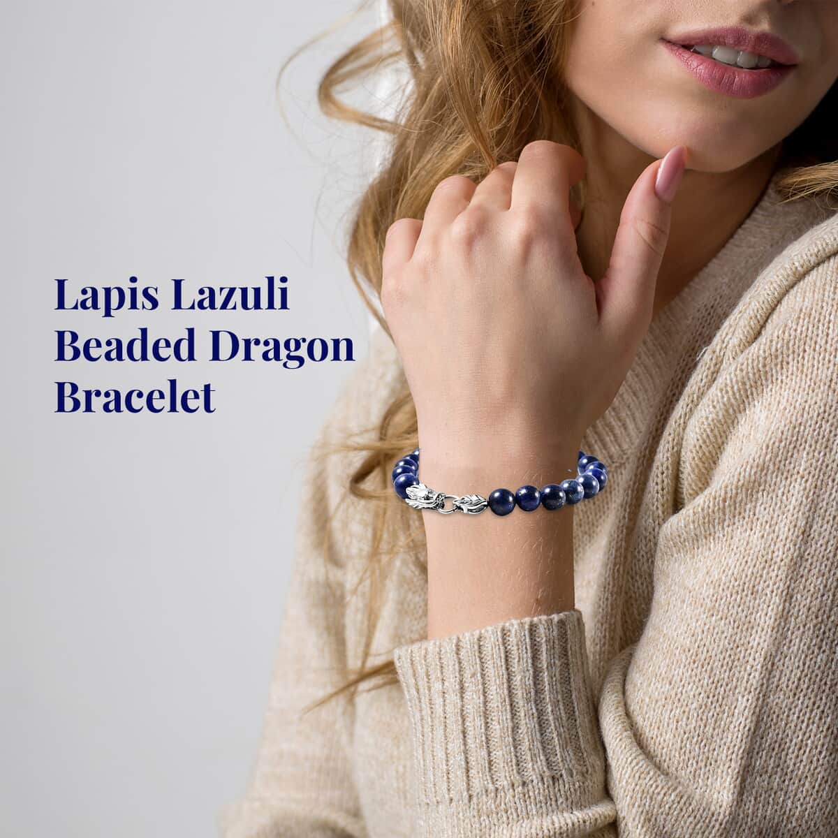 Lapis Lazuli 8-10mm Beaded Dragon Bracelet in Stainless Steel (7.50 In) 85.50 ctw image number 2