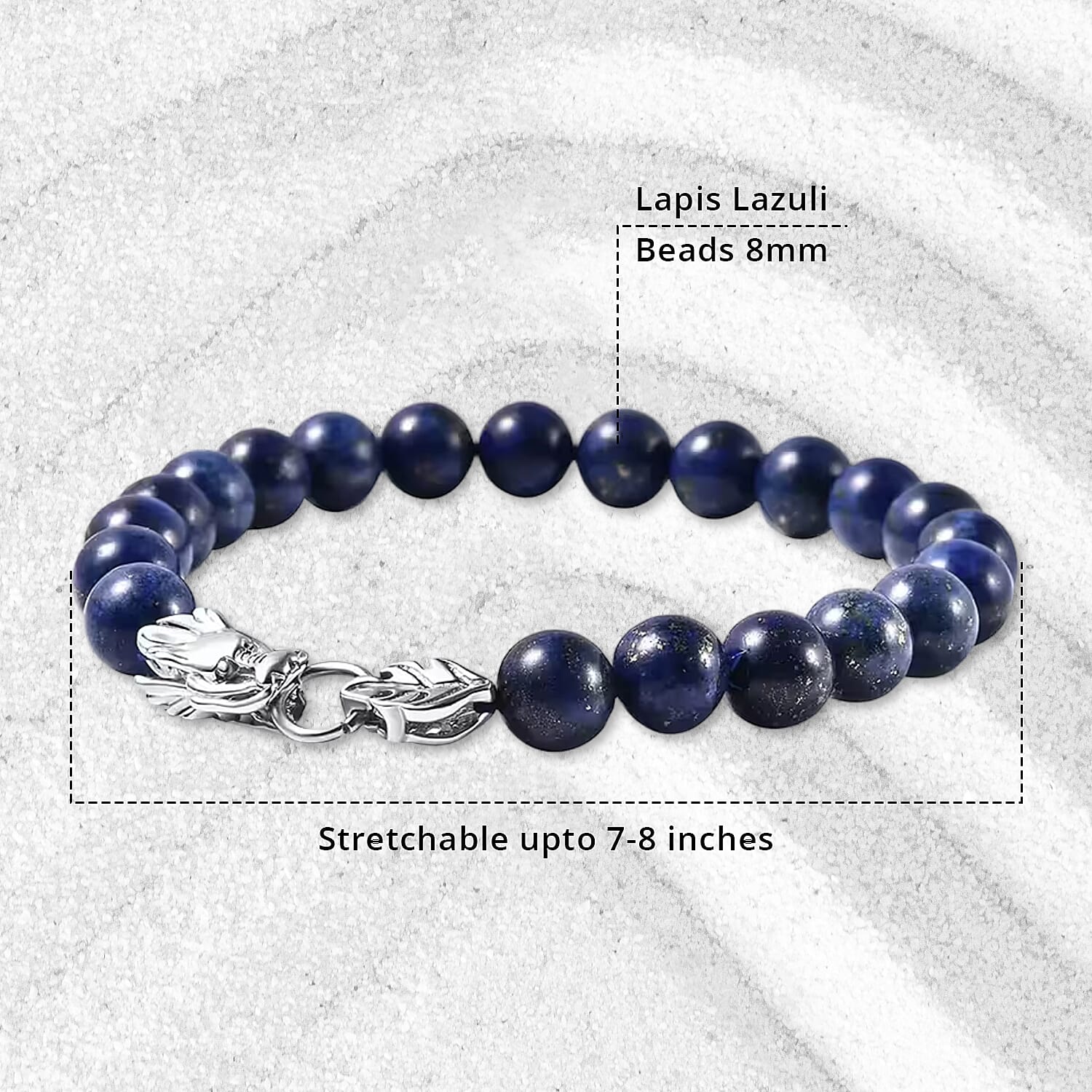 Lapis Lazuli 8mm Beaded Dragon Stretchable Bracelet in Stainless Steel (7.0-8.0 Inches)