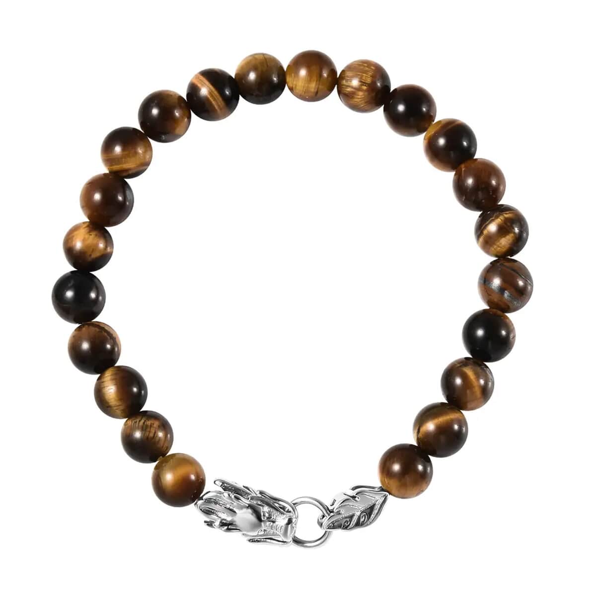 Yellow Tiger's Eye 8-10mm Beaded Dragon Bracelet in Stainless Steel (7.50 In) 84.60 ctw image number 0