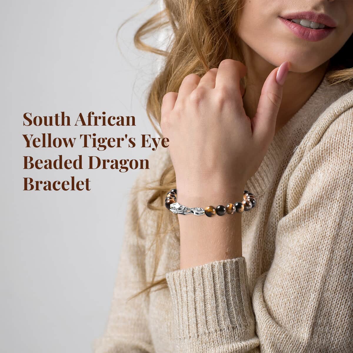 Yellow Tiger's Eye 8-10mm Beaded Dragon Bracelet in Stainless Steel (7.50 In) 84.60 ctw image number 2