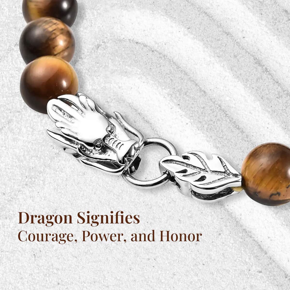 Yellow Tiger's Eye 8-10mm Beaded Dragon Bracelet in Stainless Steel (7.50 In) 84.60 ctw image number 4